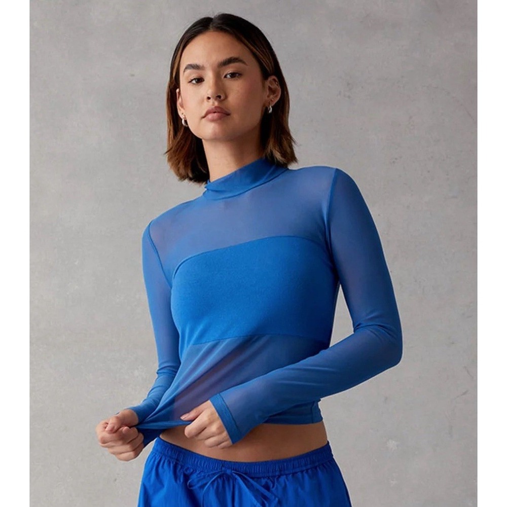 Ryan Destiny x PacSun Aspen Mesh Blue Long Sleeve Top XS Sheer Colorblock‎